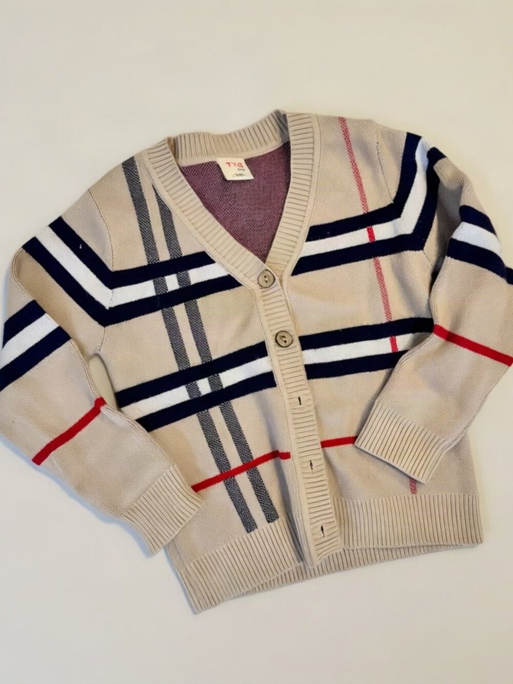 TYG Kids Tan Check Cardigan Sweater Preppy Size 100 3-4T